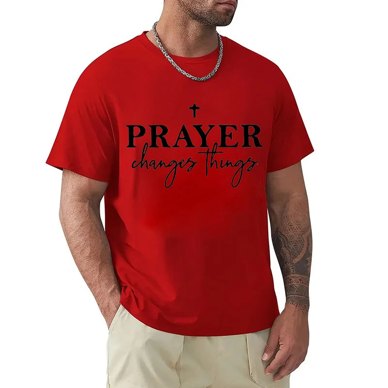 Christian Gift T-Shirt for Men Prayer Changes Things Cross Print Casual O Neck Short Sleeve Tops Perfect for Religious Male Tees