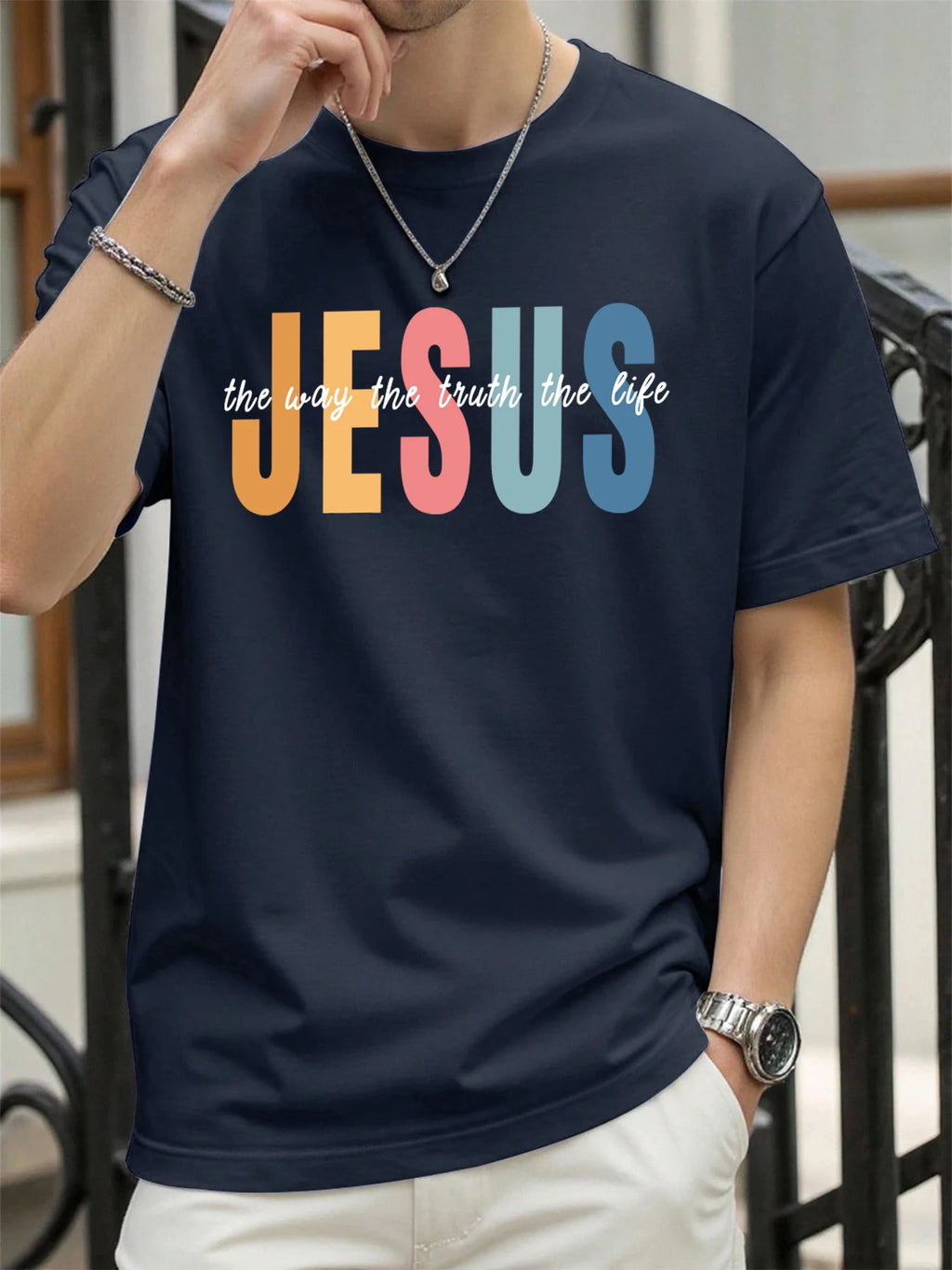 Jesus Color Letter Creative Printed T Shirt Man Summer All-Match Tops O-Neck Hip Hop Short Sleeve Men Cotton Breathable T-Shirts