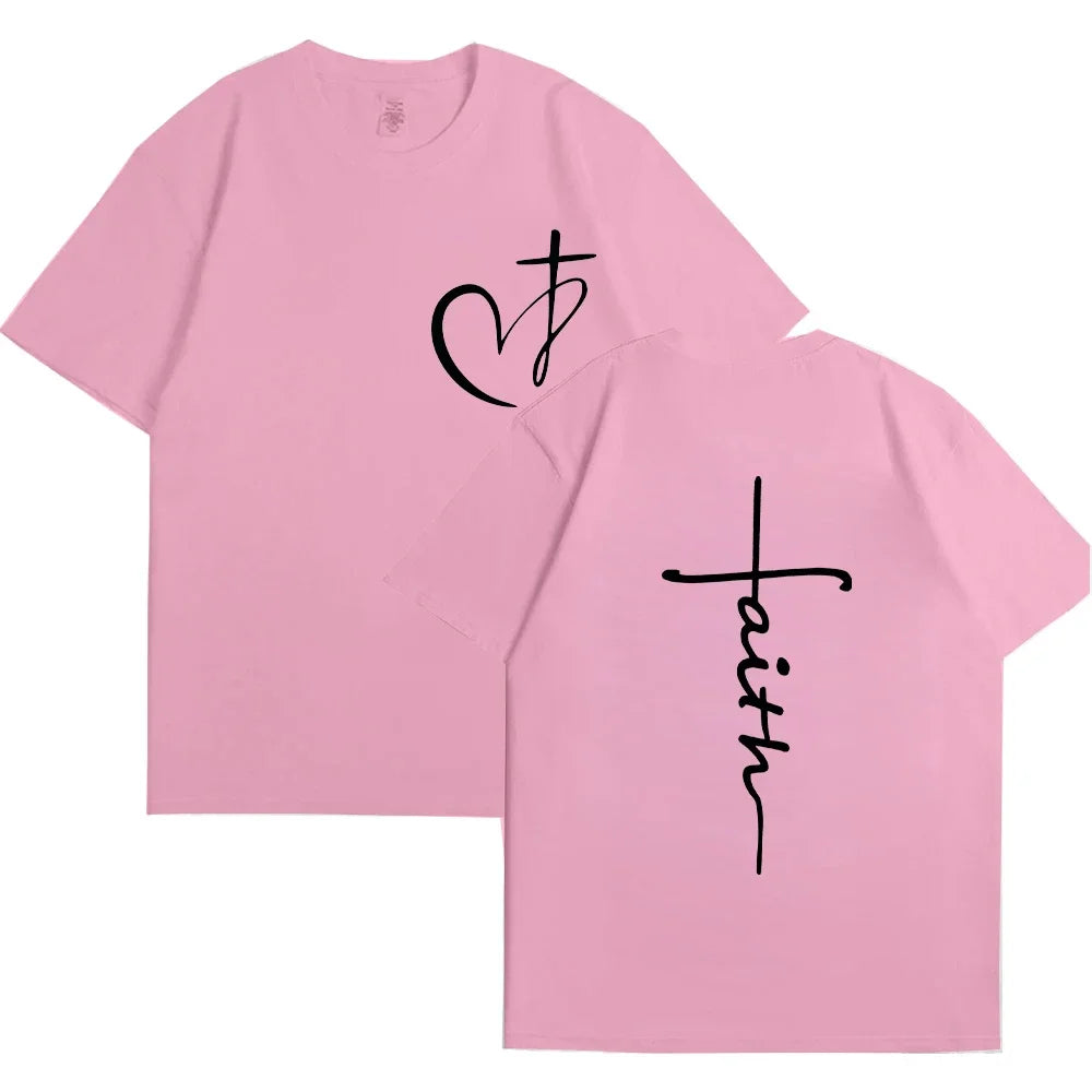 New Women's Heart Cross T-shirt Fashion Faith Jesus Print Female Short Sleeve Shirts Summer Short Sleeve Casual