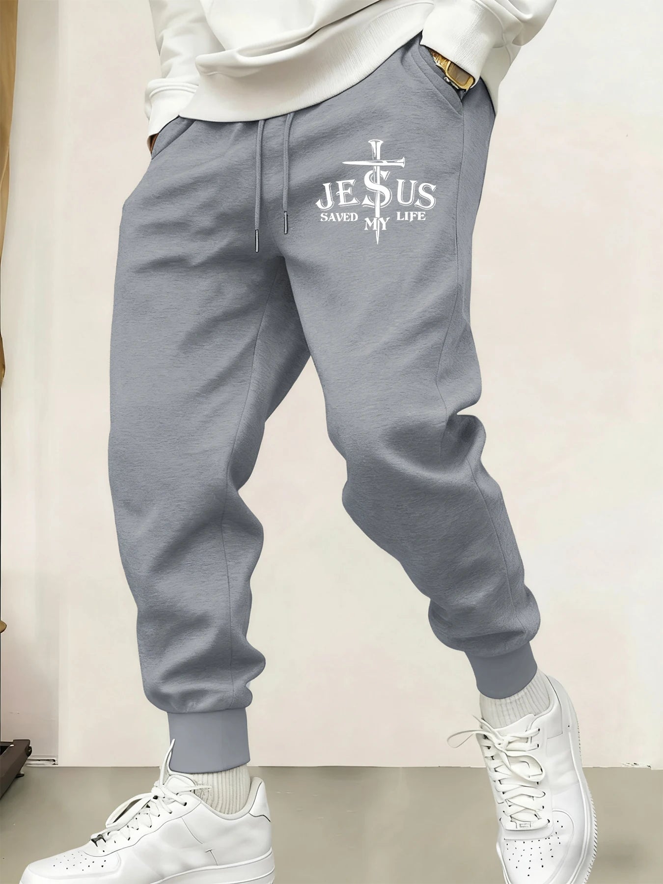Jesus Saved My Life Letter Printed Male Sweatpants Pocket Warm Britches Comfortable Street Long Pants Y2K Hip Hop Trousers