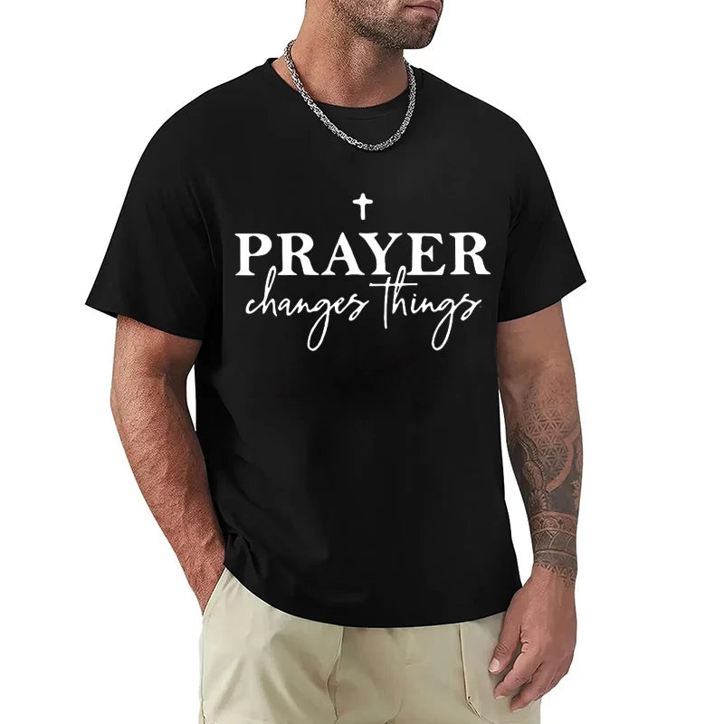 Christian Gift T-Shirt for Men Prayer Changes Things Cross Print Casual O Neck Short Sleeve Tops Perfect for Religious Male Tees