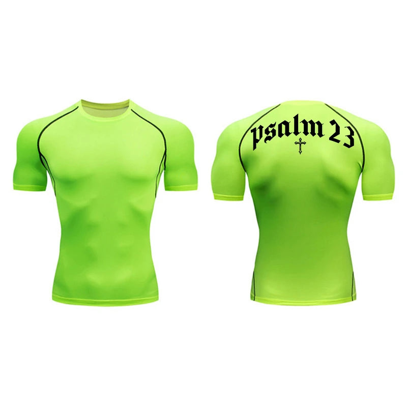 Psalm 23 Cross Print Compression Shirt for Men Sporty Quick Dry Tees Tshirt Tops Gym Workout Fitness Undershirts Baselayers