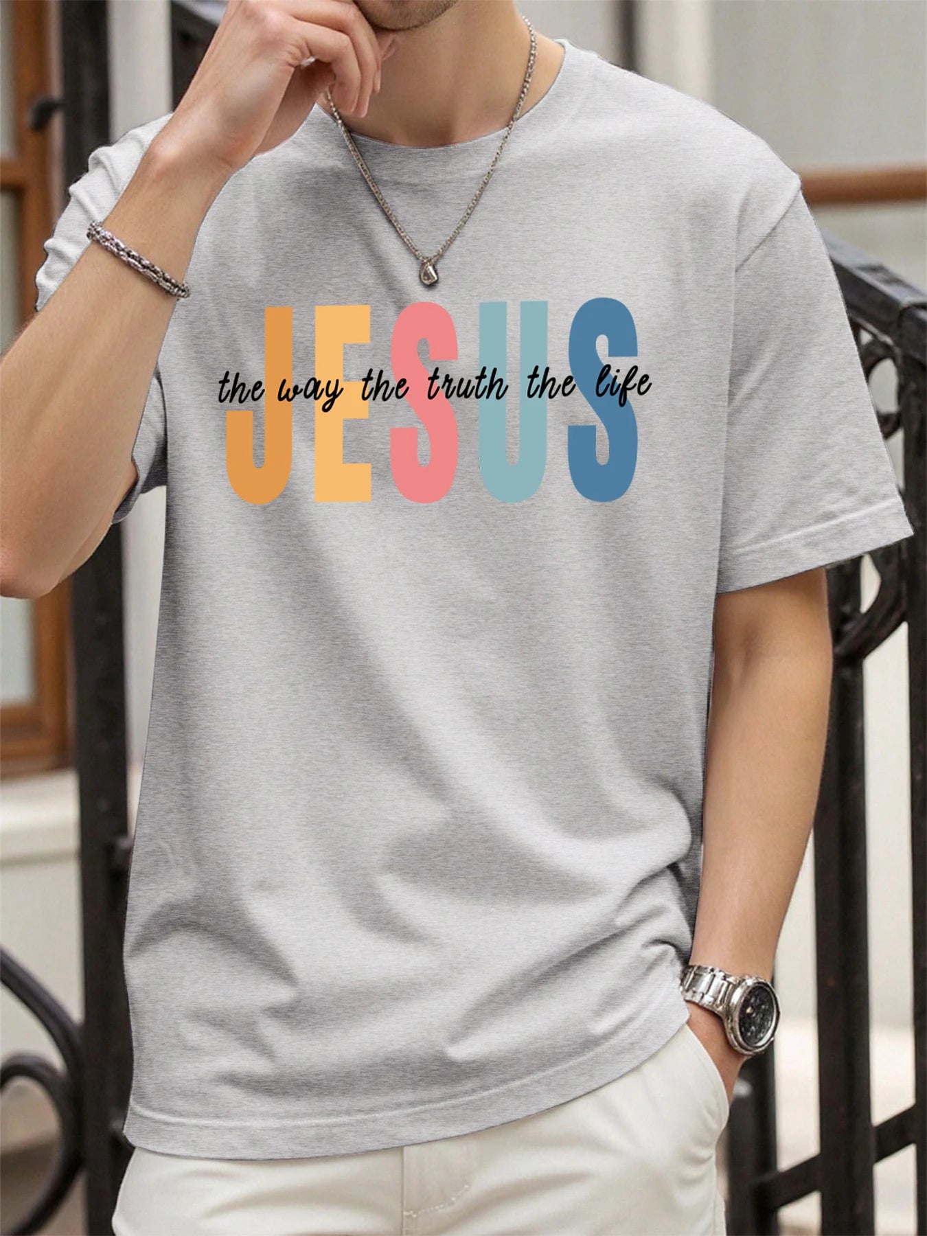 Jesus Color Letter Creative Printed T Shirt Man Summer All-Match Tops O-Neck Hip Hop Short Sleeve Men Cotton Breathable T-Shirts
