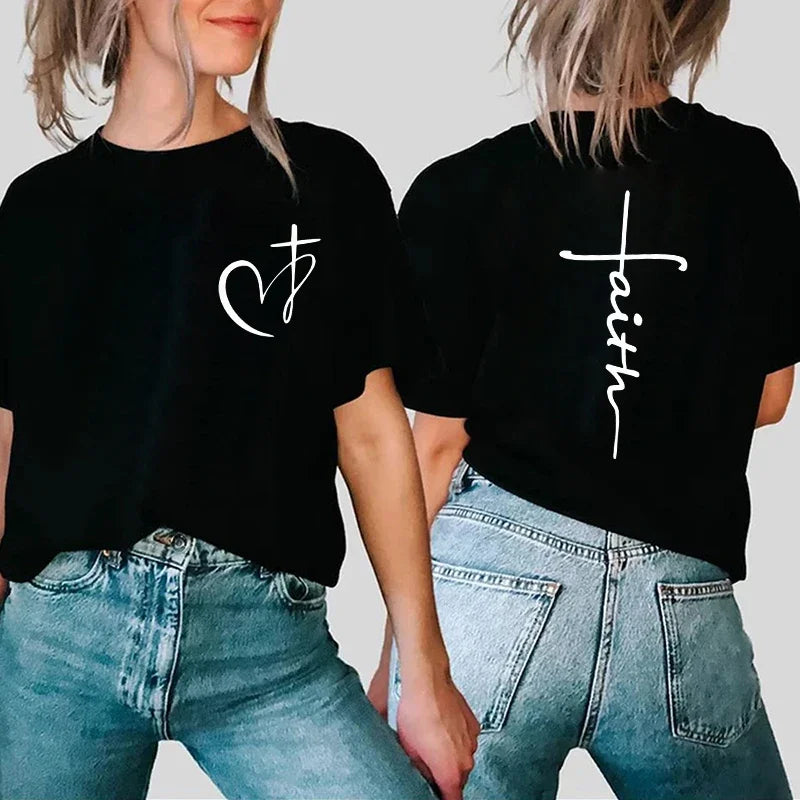 New Women's Heart Cross T-shirt Fashion Faith Jesus Print Female Short Sleeve Shirts Summer Short Sleeve Casual