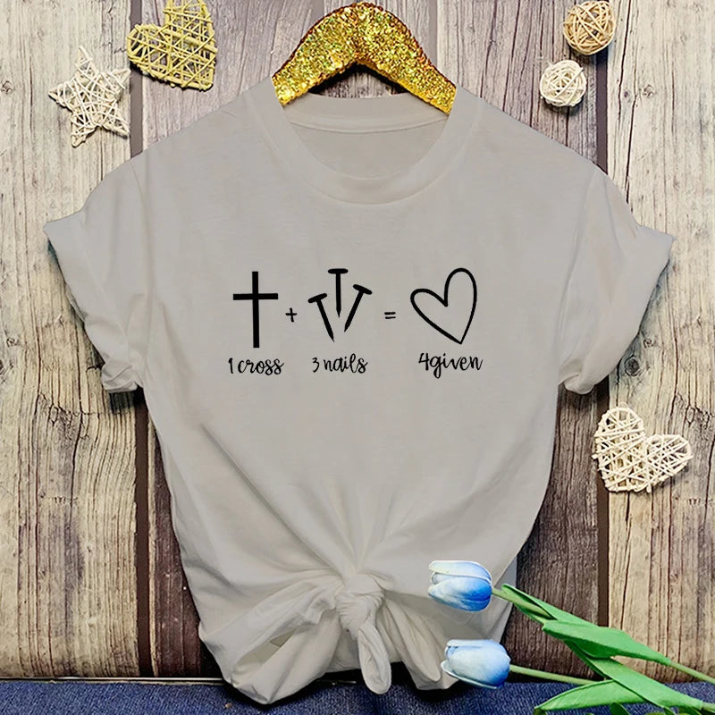 Fashion Christianity Jesus 1 Cross 3 Nails 4 Given Print T-Shirt Girl T Shirt Soft Print Top Women Tee Clothing Casual O-Neck