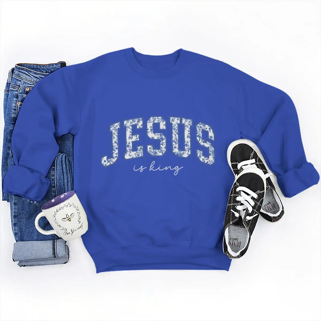 Christian Faith Long Sleeve Pullover Top Comfort Jesus Is King Sweatshirt Christians Blue Floral Jesus Design Women's Sweater
