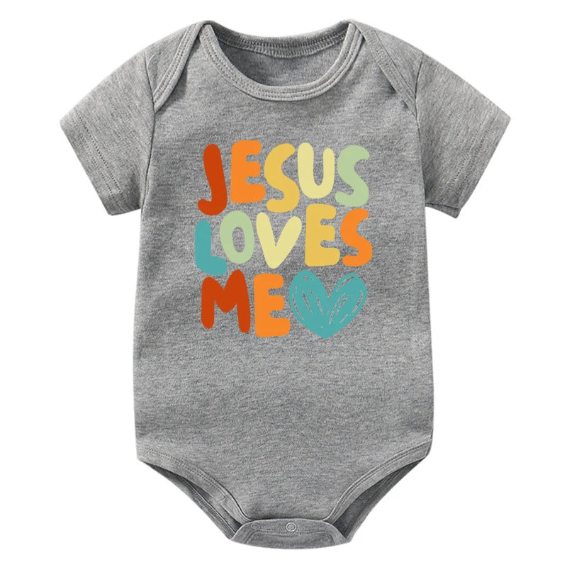 Jesus Loves Me Printed Baby Bodysuit Funny Newborn Romper Infant Short Sleeve Jumpsuit Cotton Toddler Clothes Jesus Gift