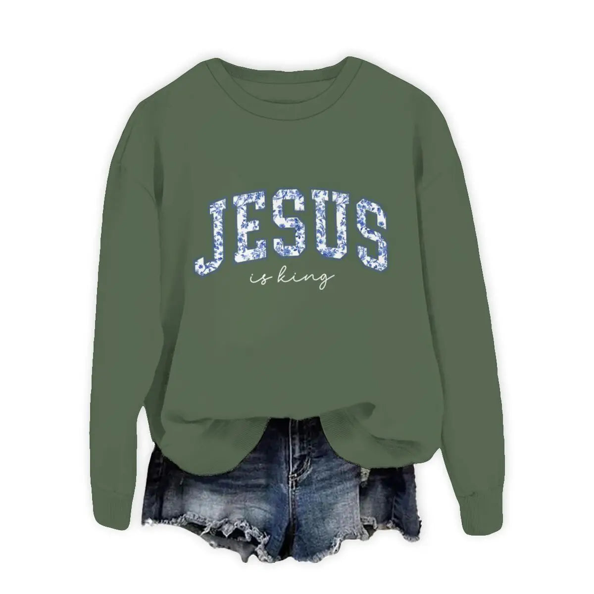 Christian Faith Long Sleeve Pullover Top Comfort Jesus Is King Sweatshirt Christians Blue Floral Jesus Design Women's Sweater