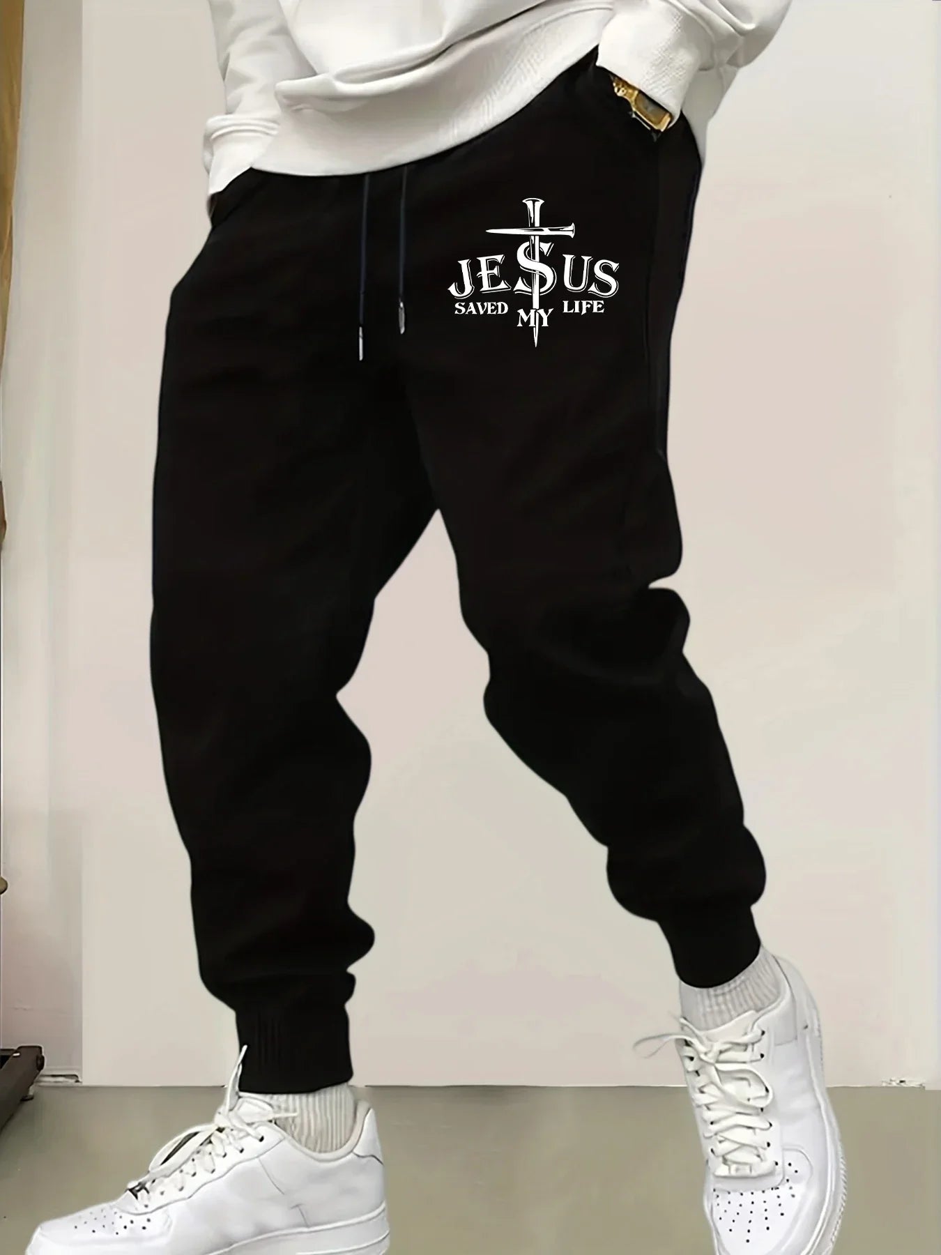 Jesus Saved My Life Letter Printed Male Sweatpants Pocket Warm Britches Comfortable Street Long Pants Y2K Hip Hop Trousers