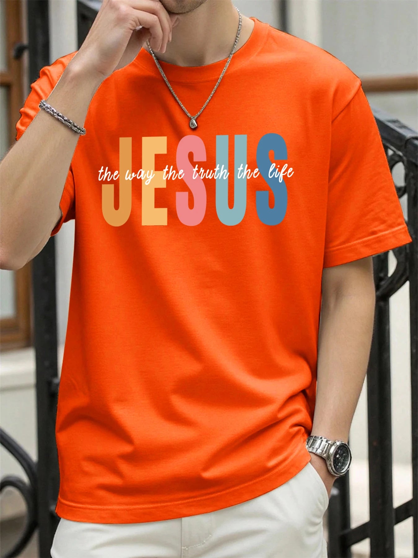 Jesus Color Letter Creative Printed T Shirt Man Summer All-Match Tops O-Neck Hip Hop Short Sleeve Men Cotton Breathable T-Shirts