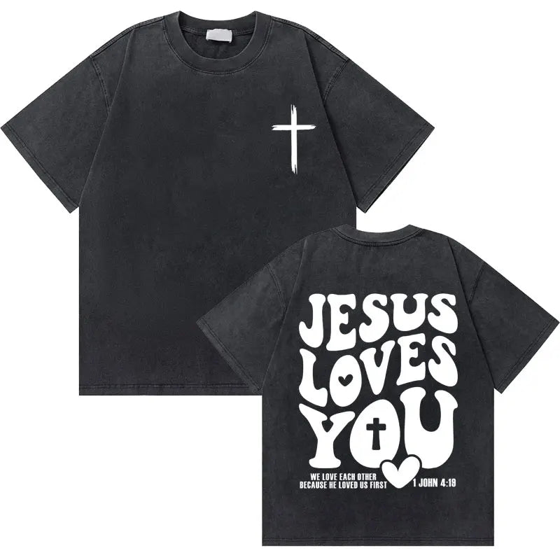 Water Wash Retro Christian Jesus Good News God Love You Bible Scripture Graphic T-Shirt Men's Women's Fashion Casual T-Shirt