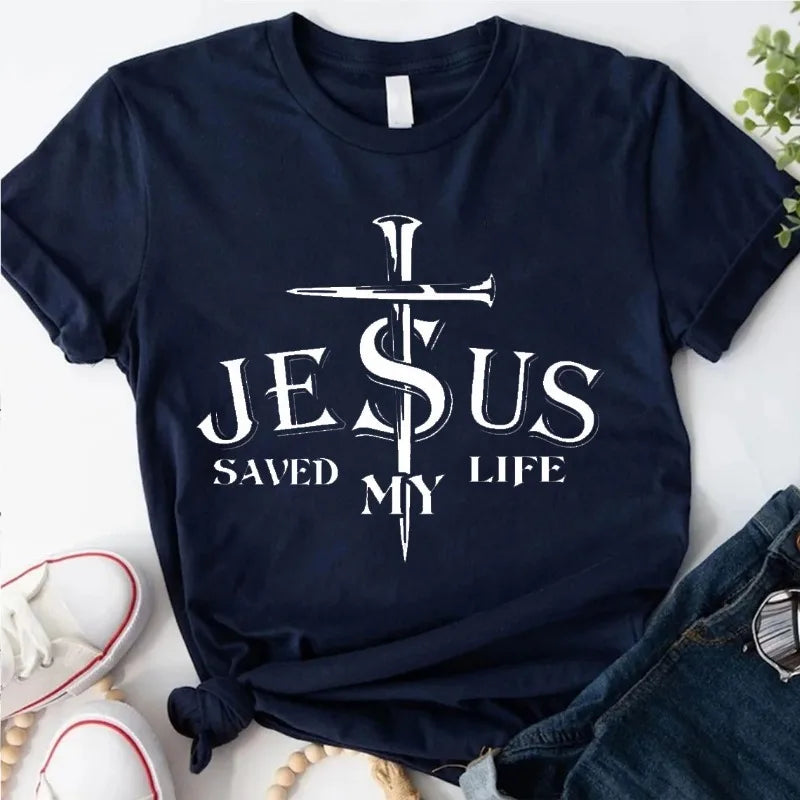 Jesus Saved My Life Jesus Cotton T-shirt, Religious Christian Gift, Church Faith Top God Jesus Love Vertical Cross Crew Neck Tee