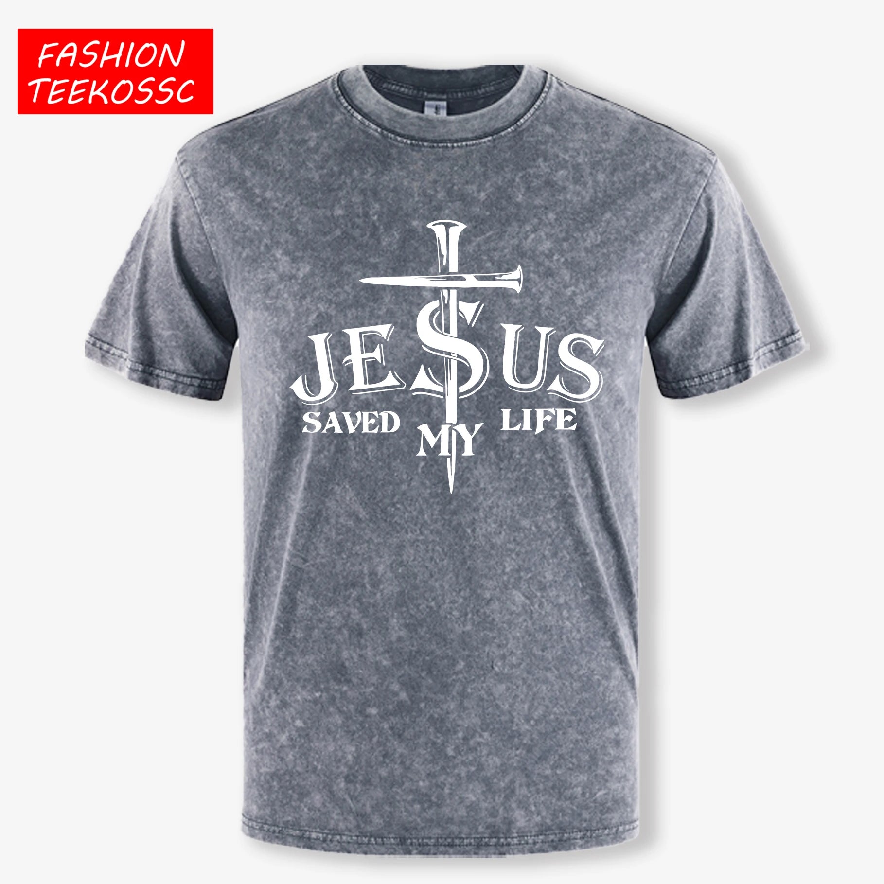 Jesus Saved My Life Letter Graphic Design Washed Mans T Shirt Summer Loose Trendy Tee Soft Cotton Clothes Basics Short Sleeve