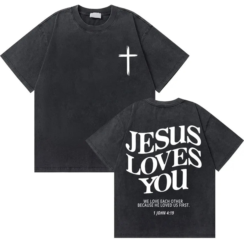 Water Wash Retro Christian Jesus Good News God Love You Bible Scripture Graphic T-Shirt Men's Women's Fashion Casual T-Shirt