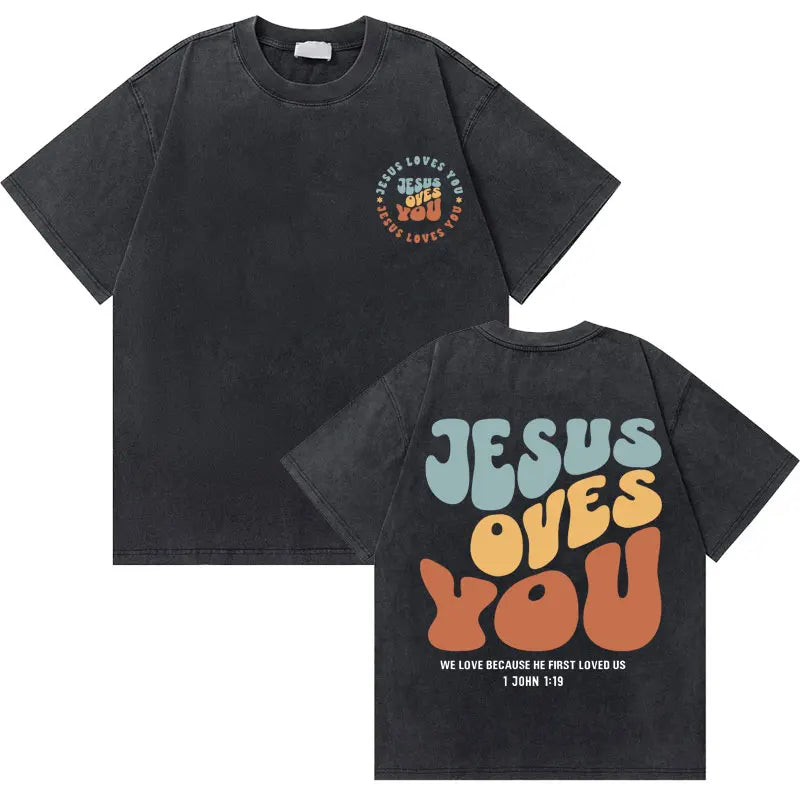 Water Wash Retro Christian Jesus Good News God Love You Bible Scripture Graphic T-Shirt Men's Women's Fashion Casual T-Shirt