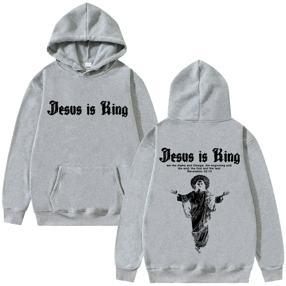 Jesus Is King Print Men Plus-size Hoodie Religious Outdoor Street Casual Fashion Long-sleeve Autumn Fleece Top