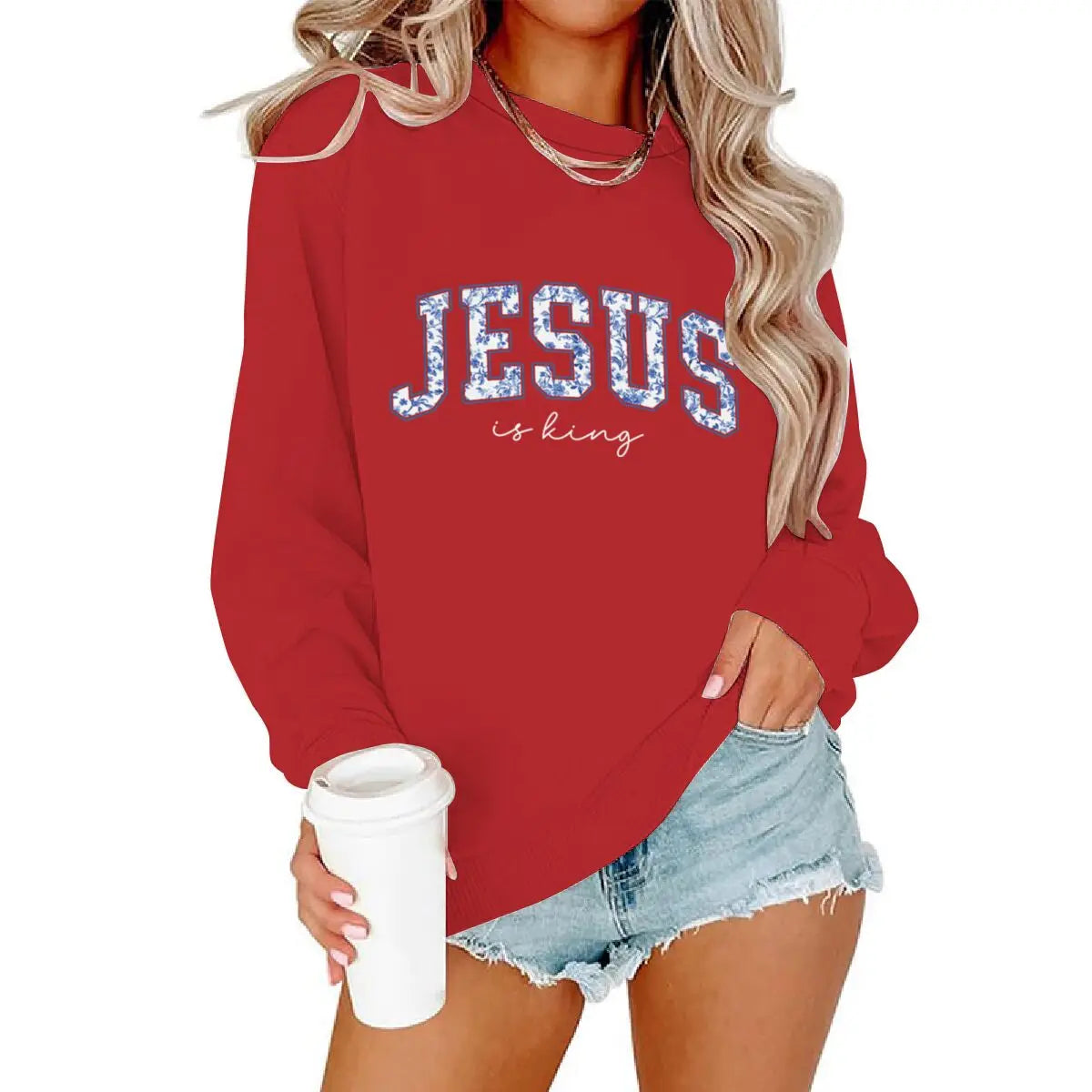 Christian Faith Long Sleeve Pullover Top Comfort Jesus Is King Sweatshirt Christians Blue Floral Jesus Design Women's Sweater
