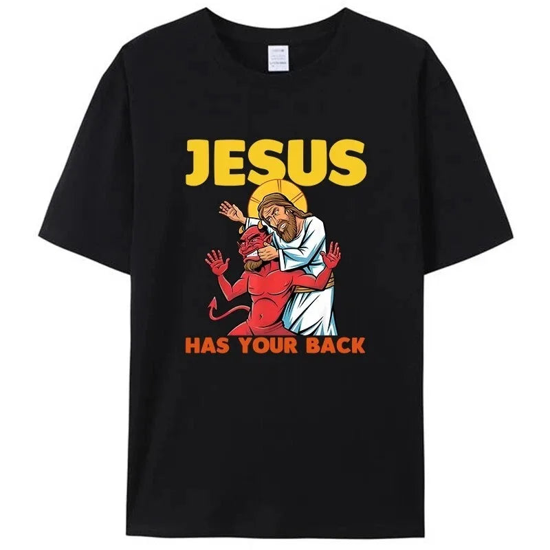 Jesus Has Your Back T-Shirt Men's Summer Personality Street Short Sleeve Cotton Loose Crew Neck Men's Women's Harajuku T-Shirt