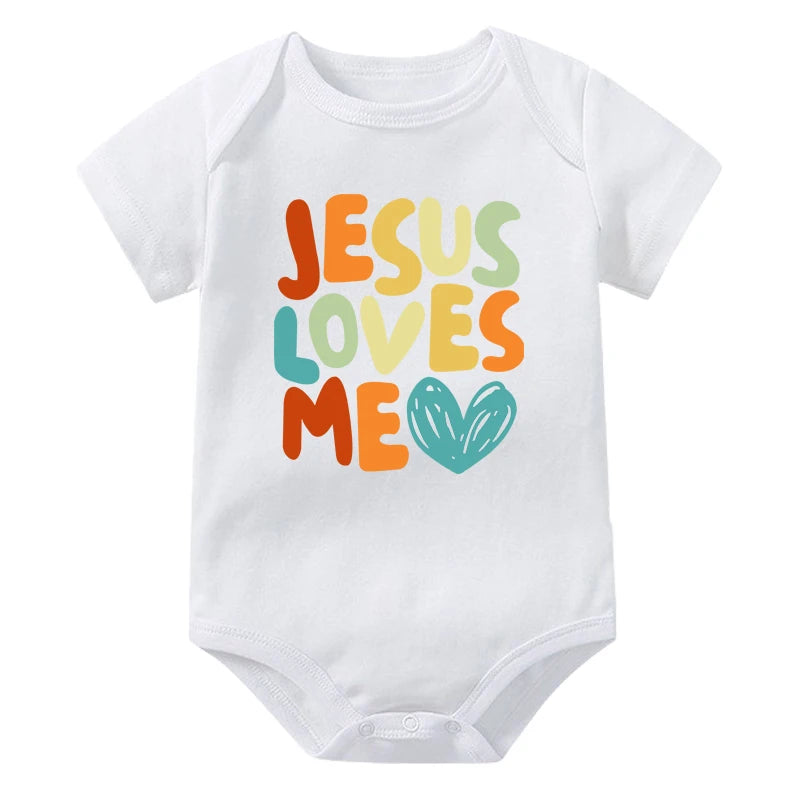 Jesus Loves Me Printed Baby Bodysuit Funny Newborn Romper Infant Short Sleeve Jumpsuit Cotton Toddler Clothes Jesus Gift