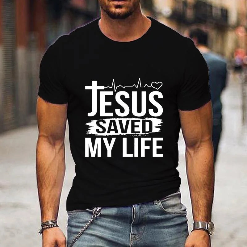 Jesus Saved My Life Letter Print T-shirt Men's Fashion Summer Comfortable Round Neck Shirt T-shirt