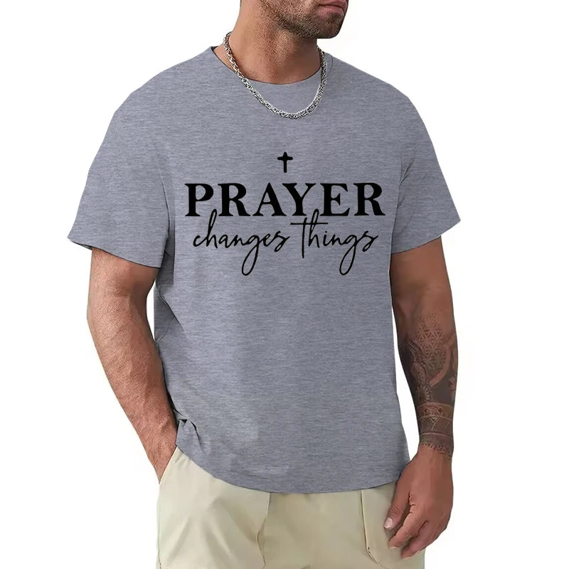 Christian Gift T-Shirt for Men Prayer Changes Things Cross Print Casual O Neck Short Sleeve Tops Perfect for Religious Male Tees