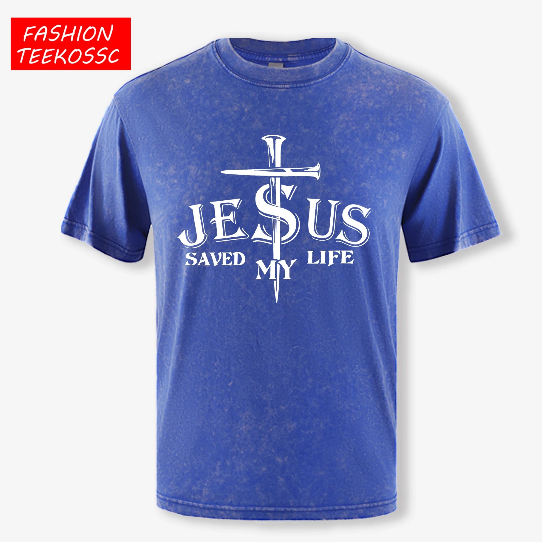 Jesus Saved My Life Letter Graphic Design Washed Mans T Shirt Summer Loose Trendy Tee Soft Cotton Clothes Basics Short Sleeve