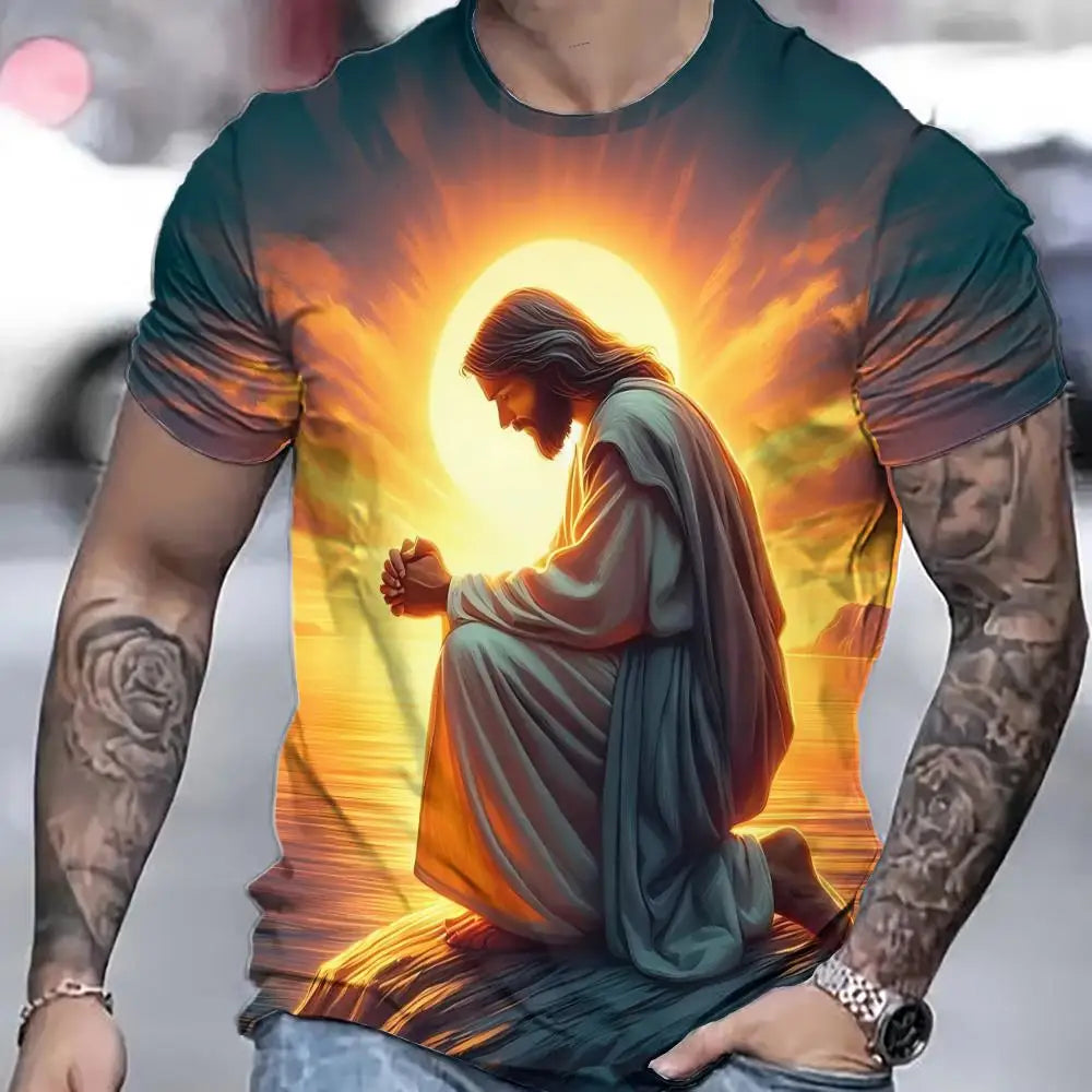 Jesus Cross Pattern 3D Print T-Shirts Men's Round Neck Short Sleeve T Shirt Oversized Streetwear Tees Harajuku Tops Man Clothing