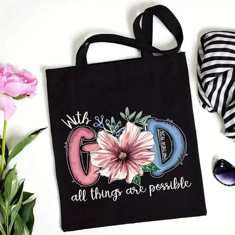 God Is Good  All Things Are Possible Canvas Tote Bag  Christian Shoulder Bag Bible Verse Print  Christianity Bags for Women