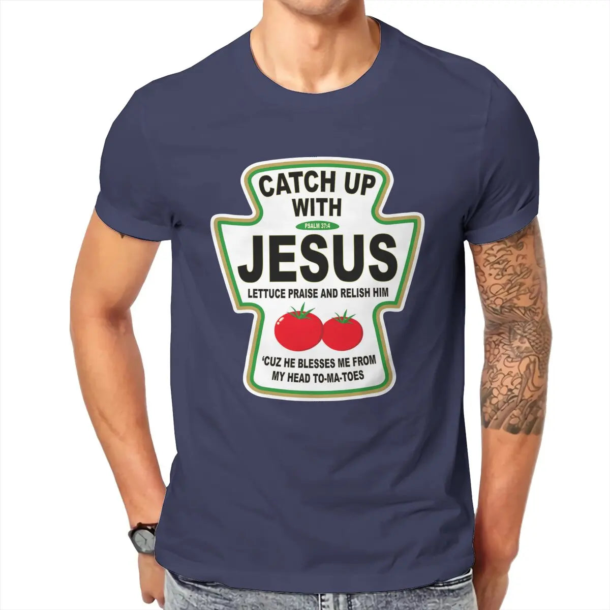 Christian Catch Up With Jesus Ketchup Men's T Shirt Christ Religion Casual Tee Shirt T-Shirts 100% Cotton Printed Tops