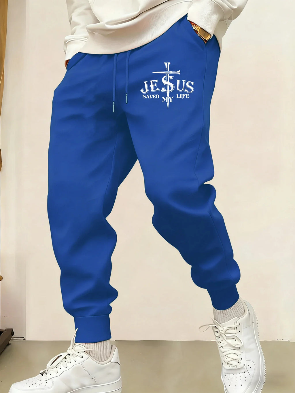 Jesus Saved My Life Letter Printed Male Sweatpants Pocket Warm Britches Comfortable Street Long Pants Y2K Hip Hop Trousers