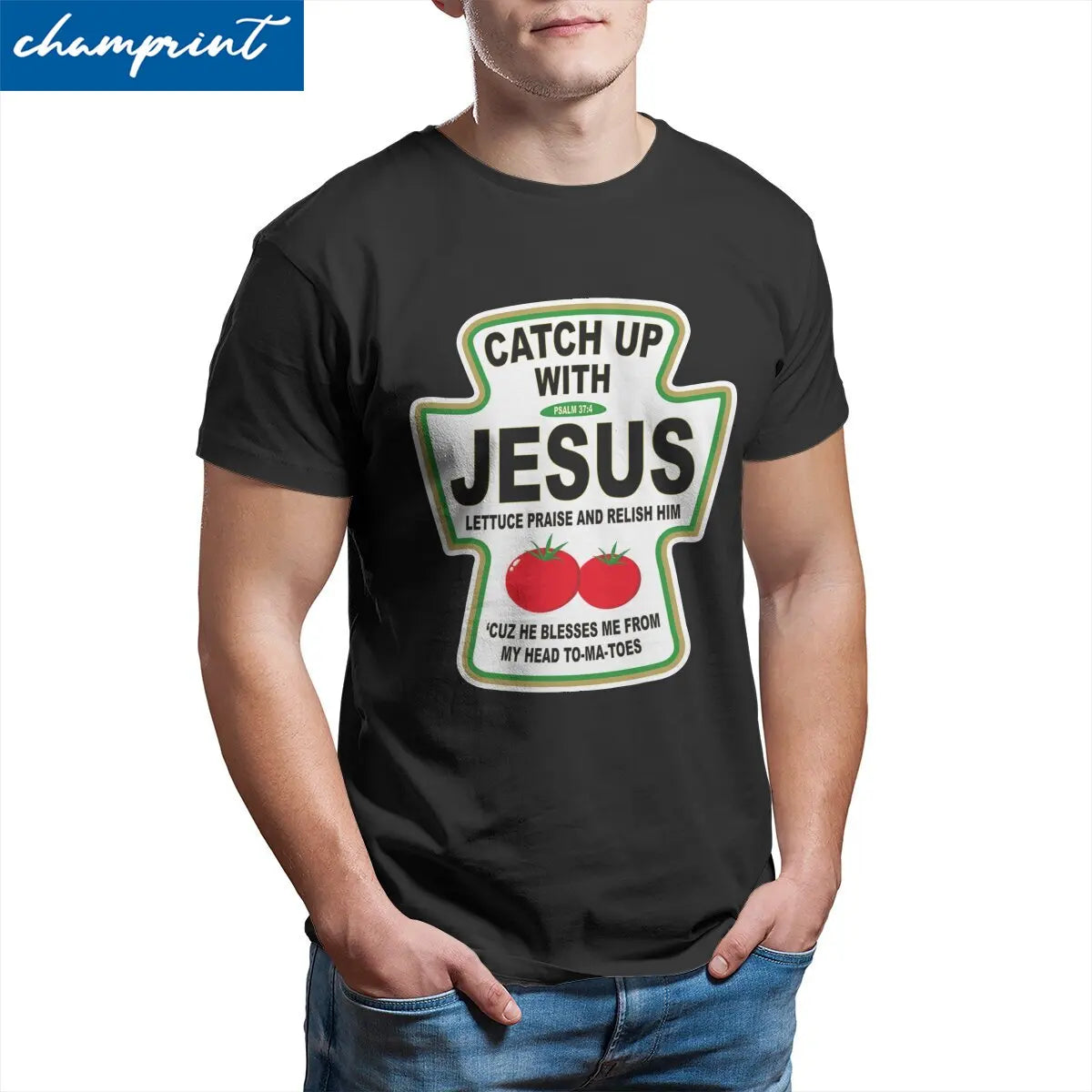 Christian Catch Up With Jesus Ketchup Men's T Shirt Christ Religion Casual Tee Shirt T-Shirts 100% Cotton Printed Tops