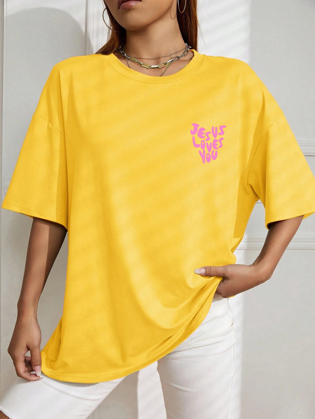Jesus Loves Me Letter Prints Female Cotton T-Shirts Fashion O-Neck Oversize Tops Casual Loose Soft Short Sleeve Women Clothing