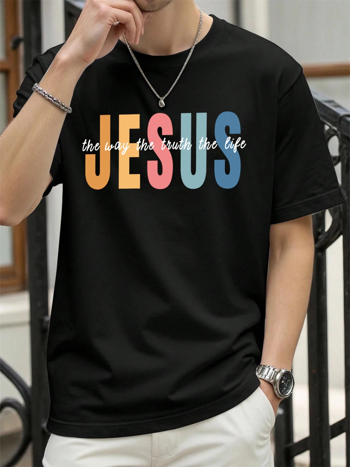 Jesus Color Letter Creative Printed T Shirt Man Summer All-Match Tops O-Neck Hip Hop Short Sleeve Men Cotton Breathable T-Shirts