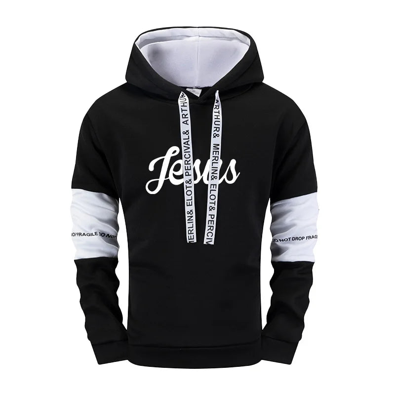 Jesus Printed Men's Tracksuit Hoodies Sweatpants Black White Mixing Color Sweatshirts Jogger Pants Urban Fashion Casual Outfits