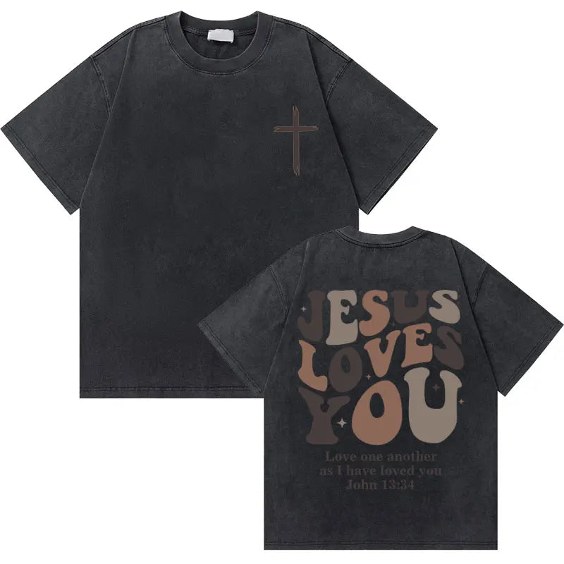 Water Wash Retro Christian Jesus Good News God Love You Bible Scripture Graphic T-Shirt Men's Women's Fashion Casual T-Shirt