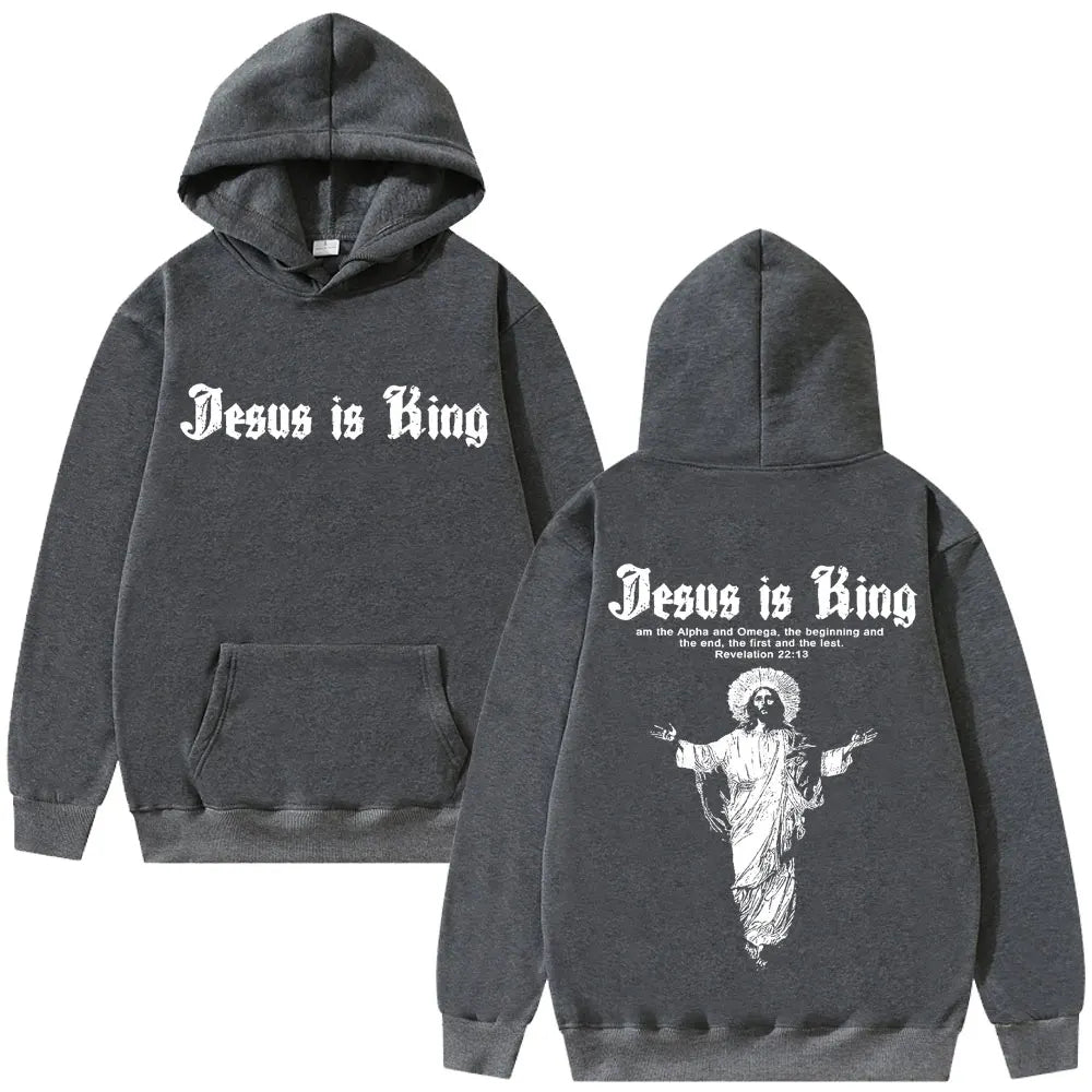 Jesus Is King Print Men Plus-size Hoodie Religious Outdoor Street Casual Fashion Long-sleeve Autumn Fleece Top