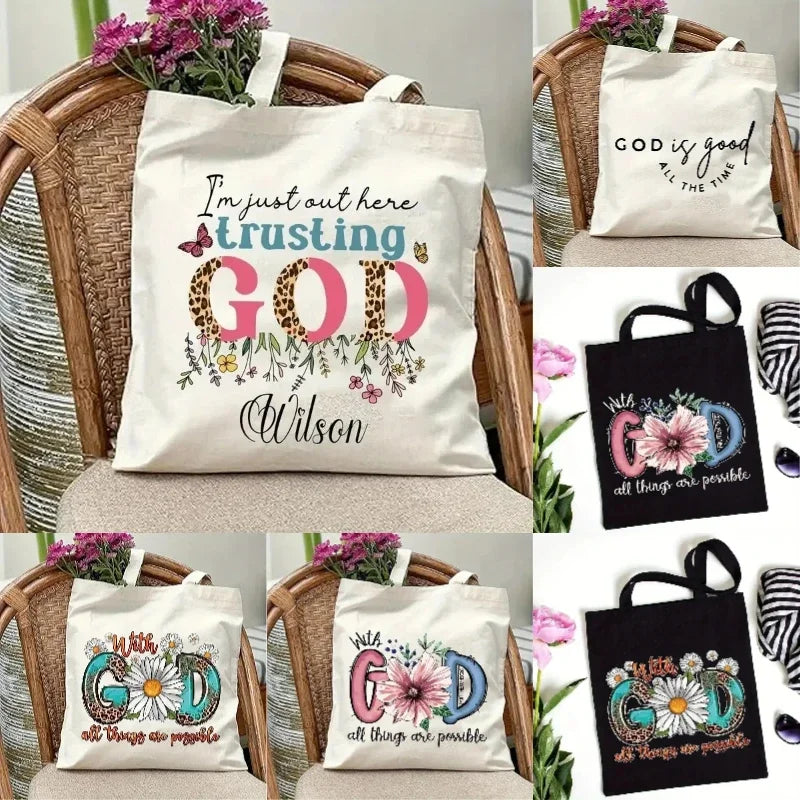 God Is Good  All Things Are Possible Canvas Tote Bag  Christian Shoulder Bag Bible Verse Print  Christianity Bags for Women
