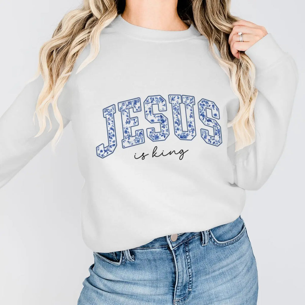 Christian Faith Long Sleeve Pullover Top Comfort Jesus Is King Sweatshirt Christians Blue Floral Jesus Design Women's Sweater