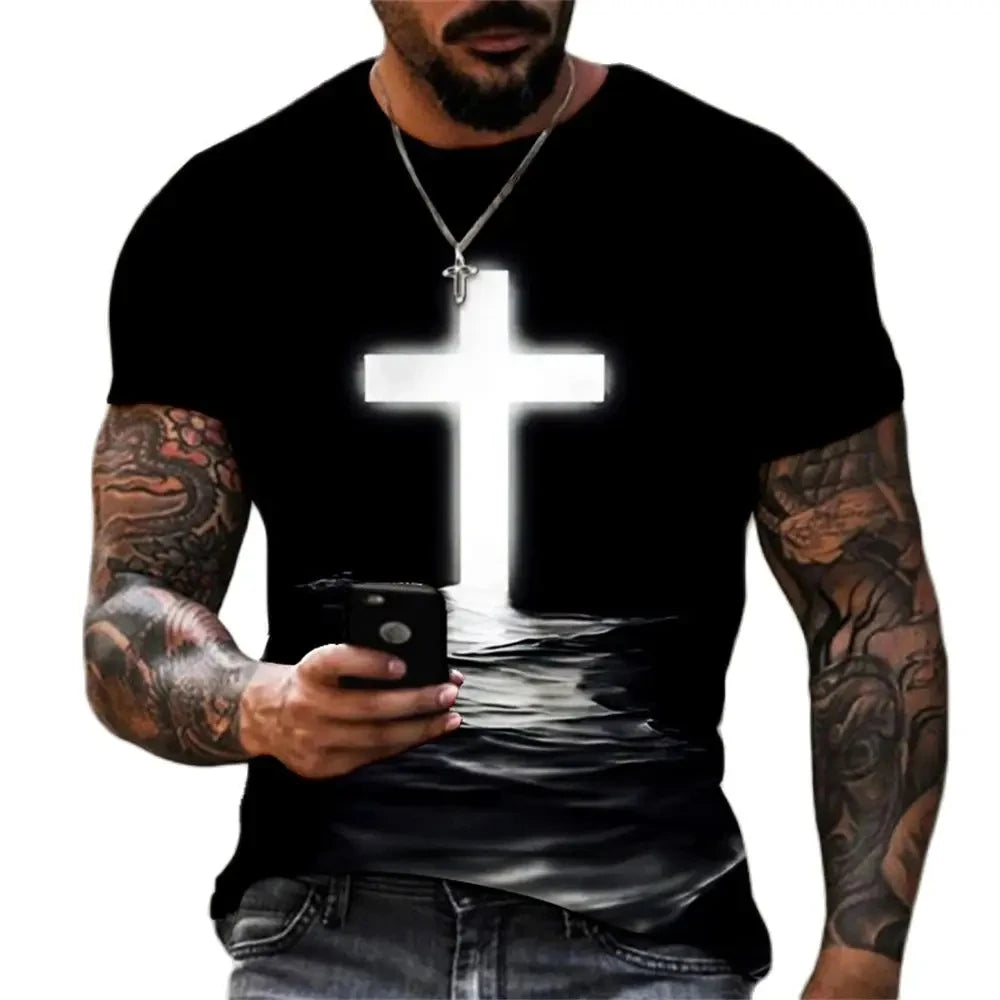Jesus Christ Cross 3D Print Christian Mens Clothing T Shirts Oversized Vintage T Shirt O-neck Tops Hip Hop Short Sleeve