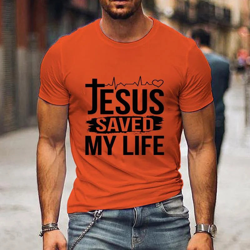 Jesus Saved My Life Letter Print T-shirt Men's Fashion Summer Comfortable Round Neck Shirt T-shirt