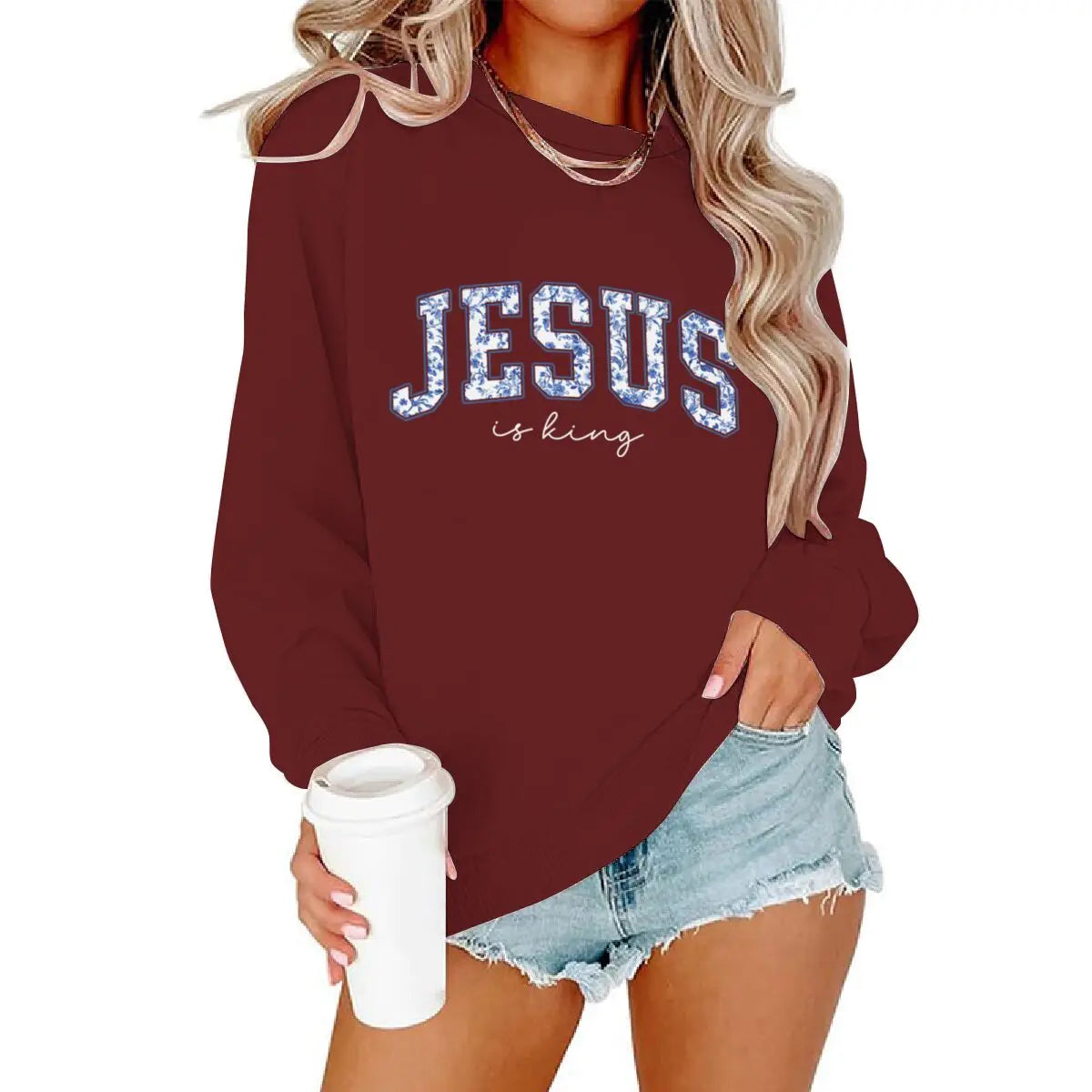 Christian Faith Long Sleeve Pullover Top Comfort Jesus Is King Sweatshirt Christians Blue Floral Jesus Design Women's Sweater