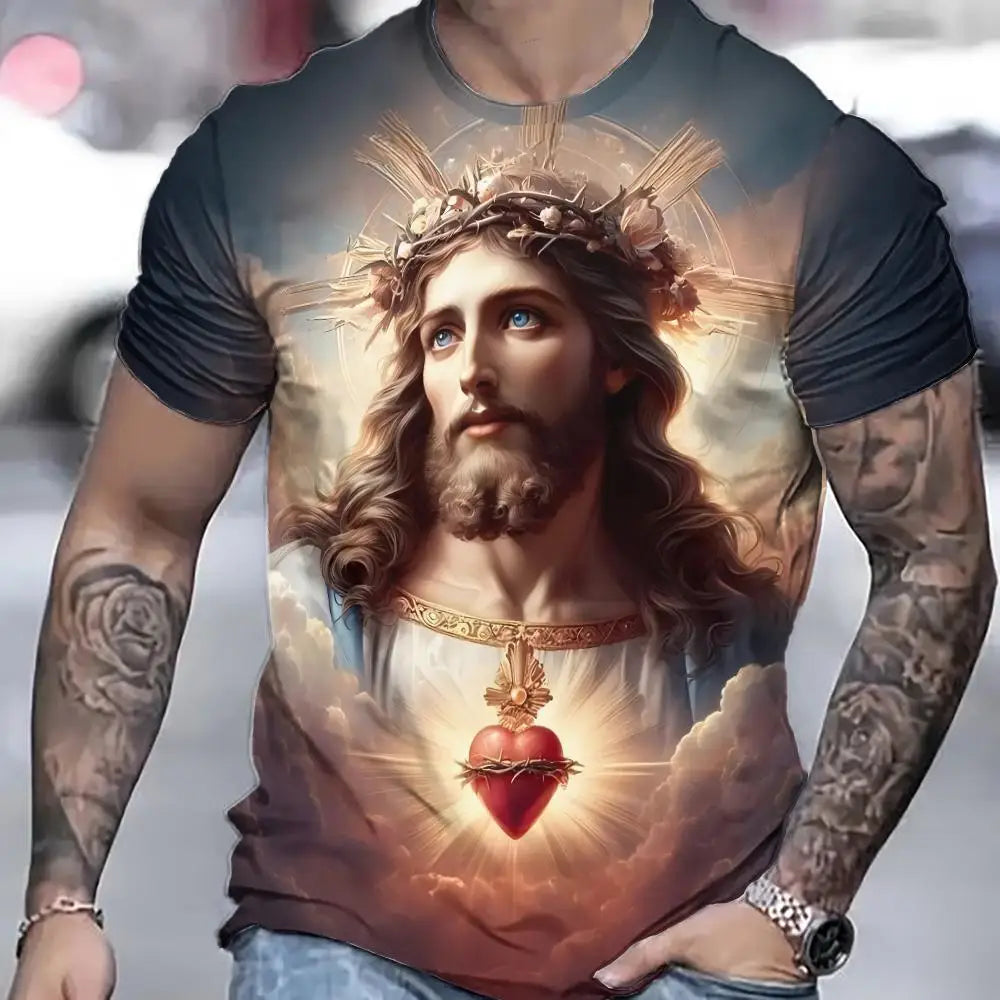 Jesus Cross Pattern 3D Print T-Shirts Men's Round Neck Short Sleeve T Shirt Oversized Streetwear Tees Harajuku Tops Man Clothing