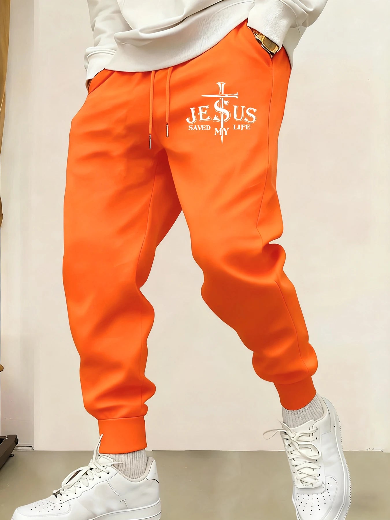 Jesus Saved My Life Letter Printed Male Sweatpants Pocket Warm Britches Comfortable Street Long Pants Y2K Hip Hop Trousers