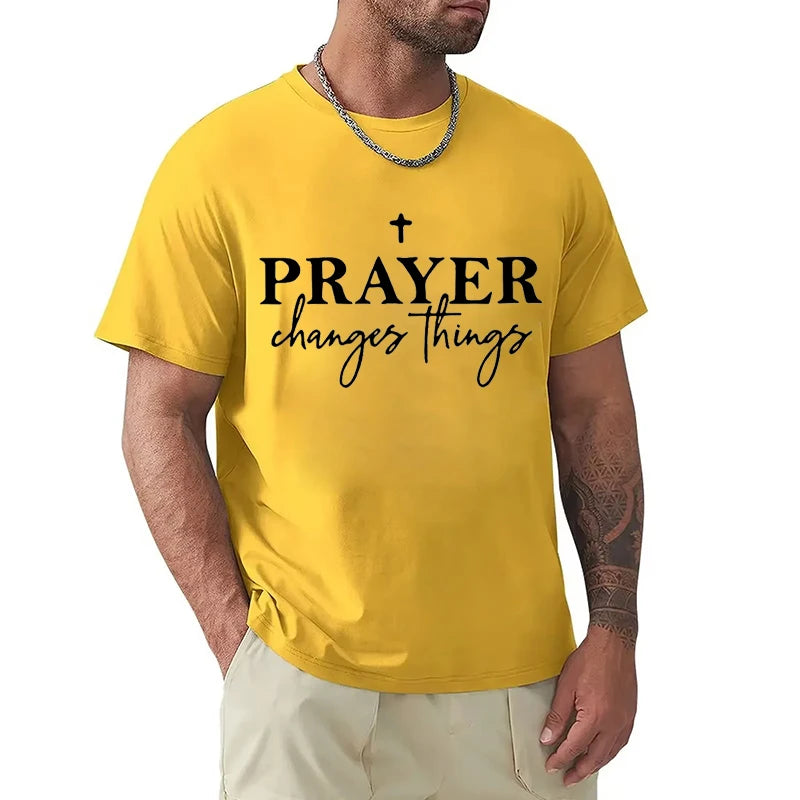 Christian Gift T-Shirt for Men Prayer Changes Things Cross Print Casual O Neck Short Sleeve Tops Perfect for Religious Male Tees