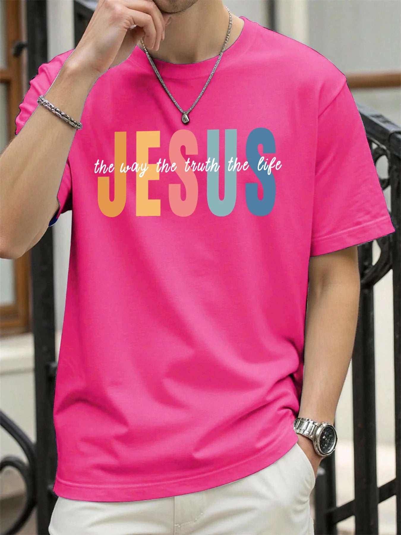 Jesus Color Letter Creative Printed T Shirt Man Summer All-Match Tops O-Neck Hip Hop Short Sleeve Men Cotton Breathable T-Shirts