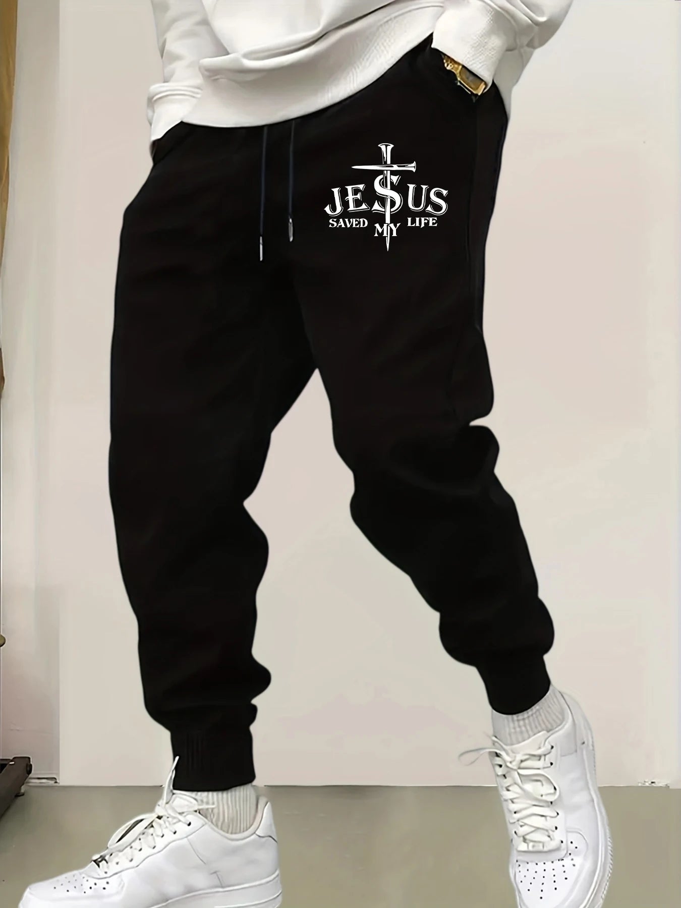 Jesus Saved My Life Letter Printed Male Sweatpants Pocket Warm Britches Comfortable Street Long Pants Y2K Hip Hop Trousers