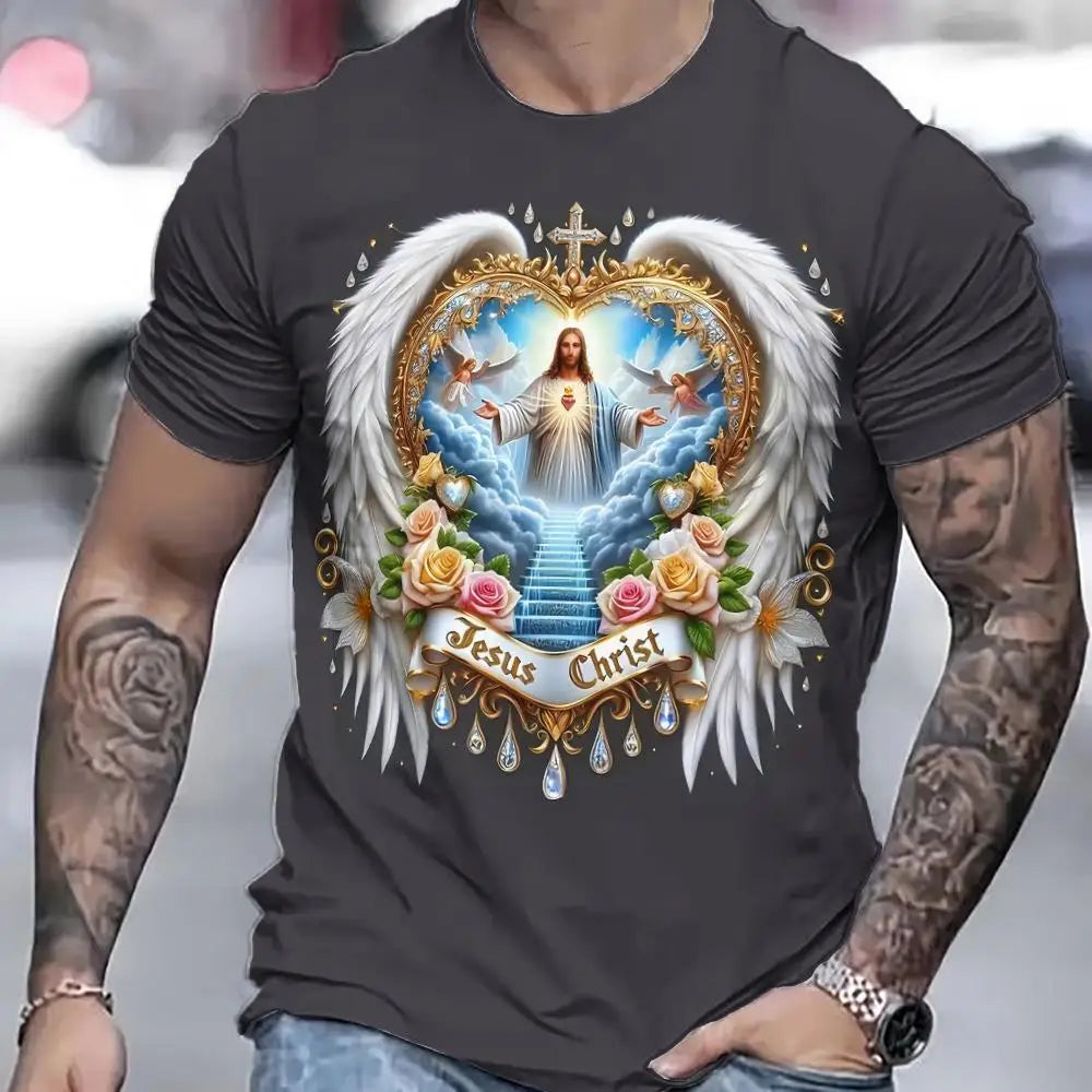 Jesus Cross Pattern 3D Print T-Shirts Men's Round Neck Short Sleeve T Shirt Oversized Streetwear Tees Harajuku Tops Man Clothing