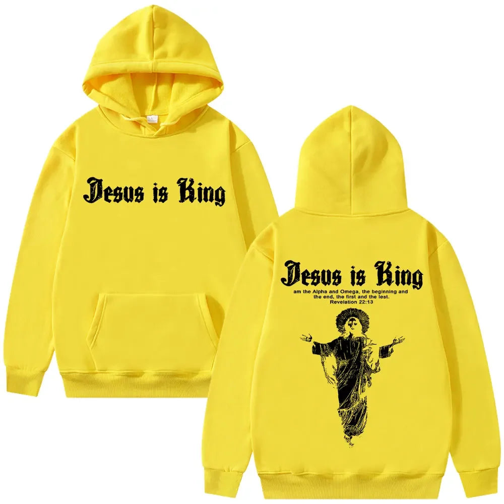 Jesus Is King Print Men Plus-size Hoodie Religious Outdoor Street Casual Fashion Long-sleeve Autumn Fleece Top