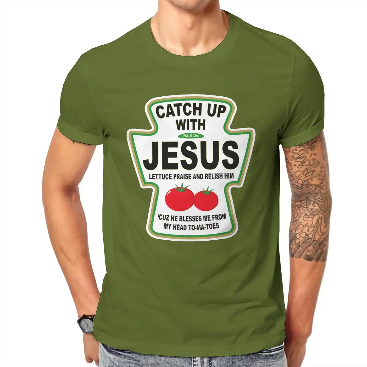 Christian Catch Up With Jesus Ketchup Men's T Shirt Christ Religion Casual Tee Shirt T-Shirts 100% Cotton Printed Tops