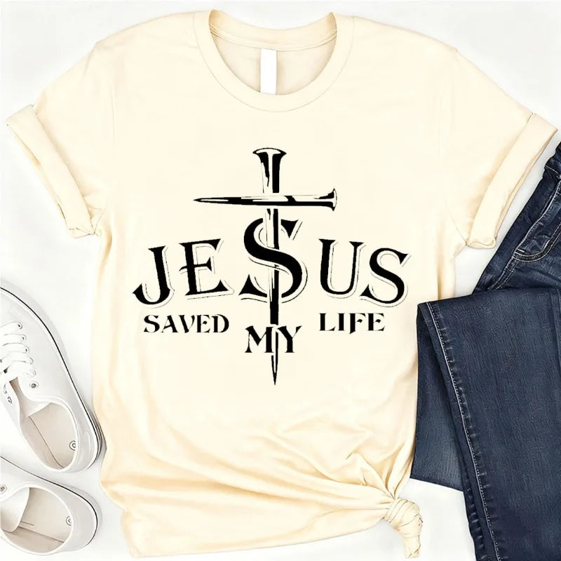 Jesus Saved My Life Jesus Cotton T-shirt, Religious Christian Gift, Church Faith Top God Jesus Love Vertical Cross Crew Neck Tee
